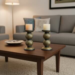 Vintage Candle Holders Antique Gold Chunky Pillar Candle Holders Set of 2